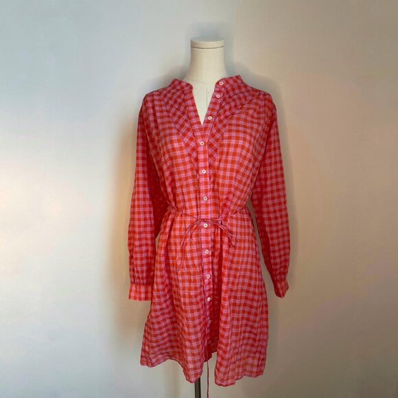 Xirena Red And Orange Plaid Shirt Dress With Button Front and Tie Belt - Picture 1 of 3